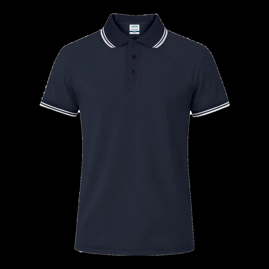 Polo técnico con vivos Makito — mockup frontal