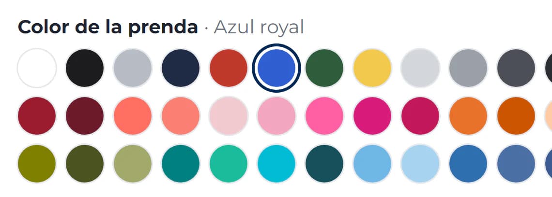 Selector de color de una ficha de producto con la paleta de colores del fabricante