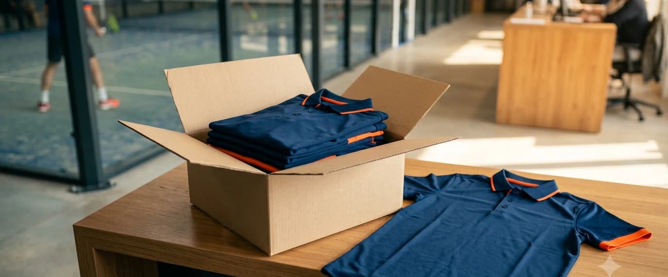 Caja abierta con la equipación doblada, recién entregada en la recepción de un club