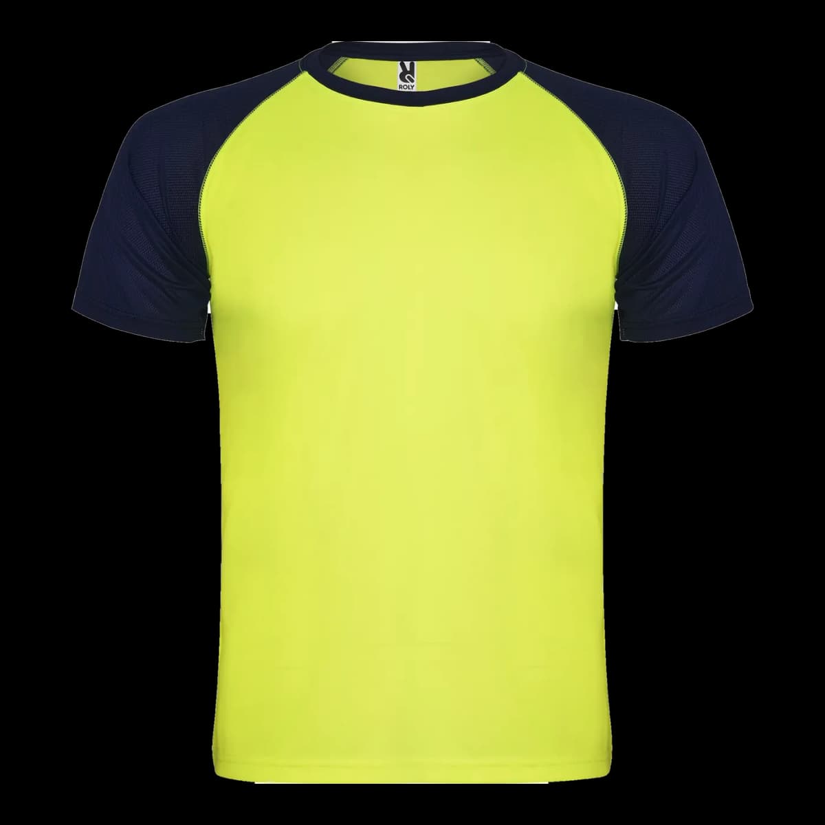 Camiseta bicolor raglán — frontal, Amarillo flúor/Marino