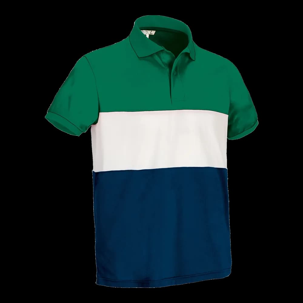 Polo técnico tricolor Valento — frontal, Verde kelly-blanco-azul marino orión